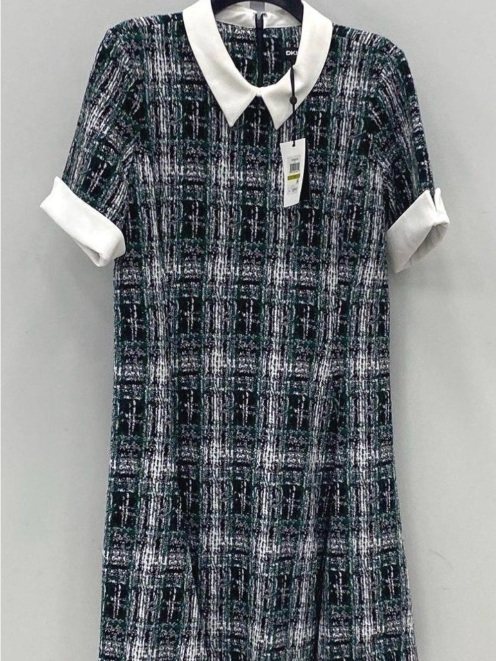 DKNY Black Green & White Plaid Shift Dress with Contrast Collar